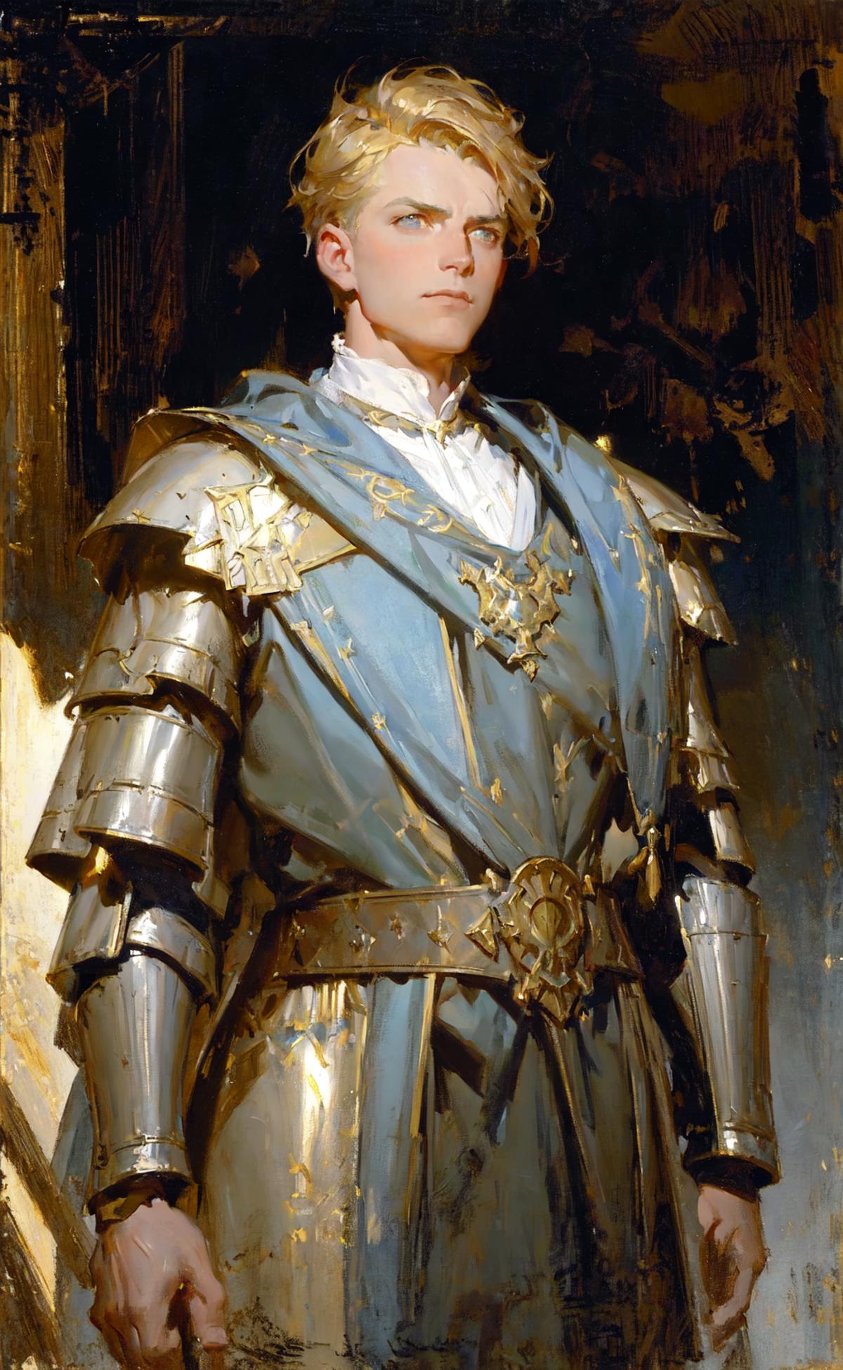 John Singer Sargent, oil painting portrait, gouache, thick brushwork, male royal knight paladin, moody lighting, cinematic...